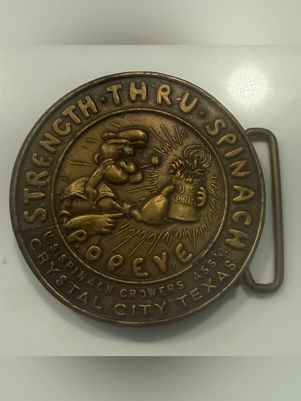 Vintage Brass Popeye “Strength Through Spinach” Belt Buckle -